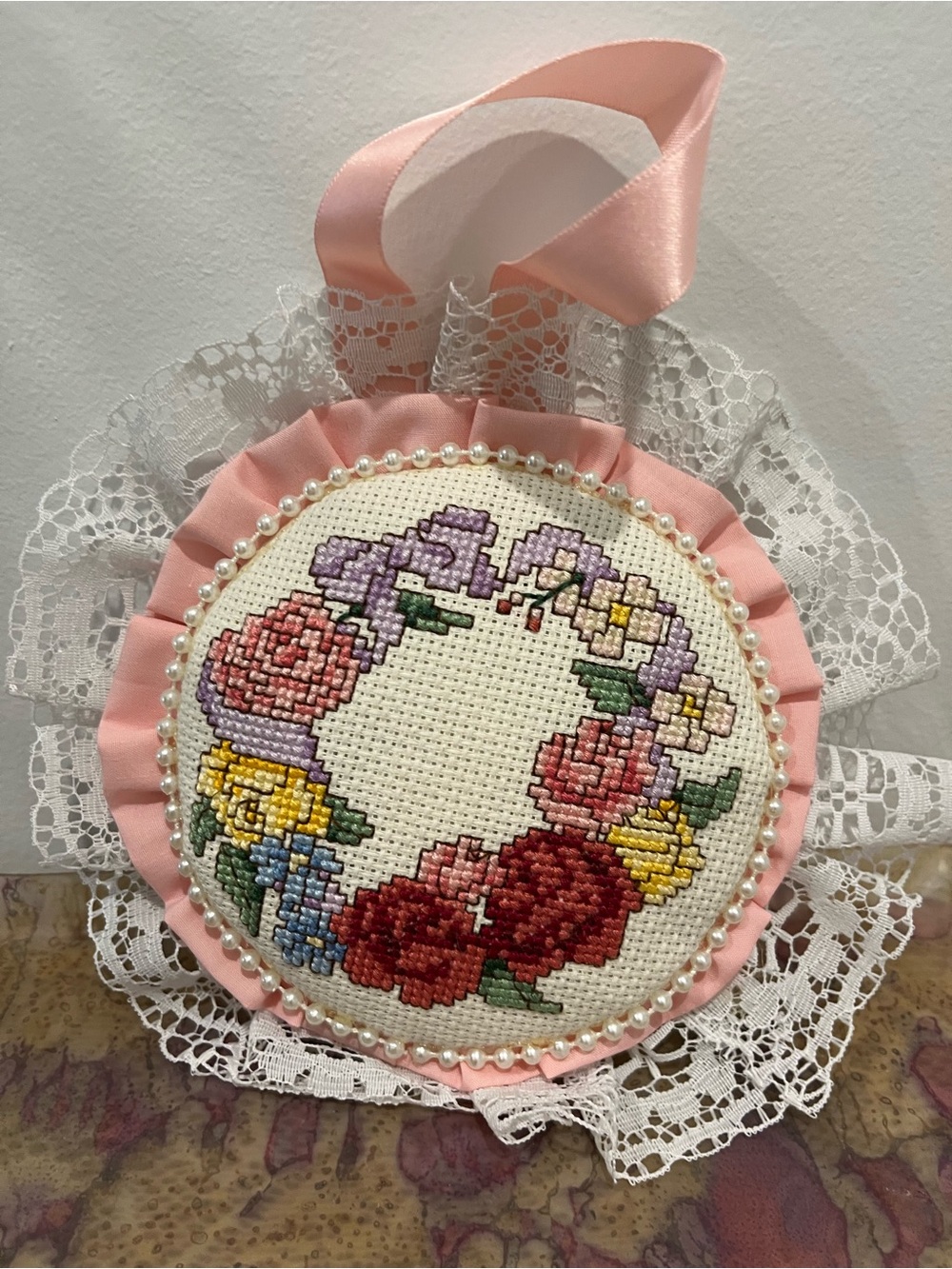 999 Cottage gramma grand millennial Handmade Floral Cross-Stitch